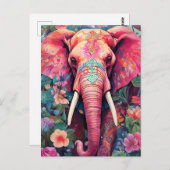 Illustration pinker Elefant mit Blumen Postkarte (Vorne/Hinten)