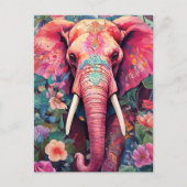 Illustration pinker Elefant mit Blumen Postkarte (Vorderseite)