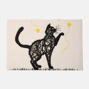 Illustration Schwarze Katze Spielende Sterne Fußmatte