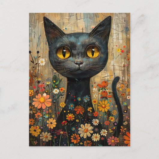 Illustration süße Katze mit Blumen Postkarte (Vorderseite)