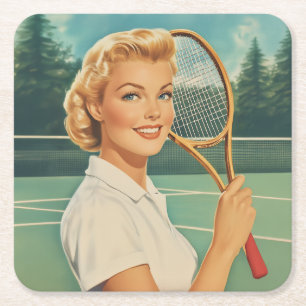 Illustration Tennis Woman in der Zeitschrift der 5 Rechteckiger Pappuntersetzer
