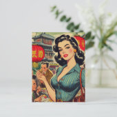 Illustration Vintager asiatischer Mädchen Postkarte (Stehend Vorderseite)
