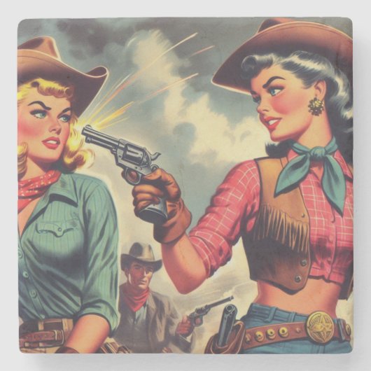 Illustration Vintager Cowgirls Steinuntersetzer (Vorderseite)