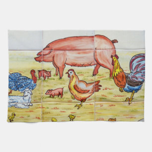 Illustration von alten Bauernhoftieren Schwein Huh Geschirrtuch