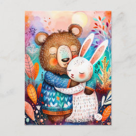 Illustration von Bären umarmendem Kaninchen im Wal Postkarte