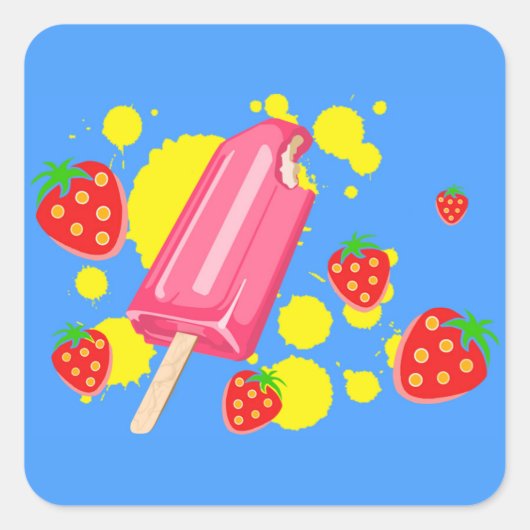Illustration von Fun Pink Popsicle und Strawberrie Quadratischer Aufkleber (Vorderseite)