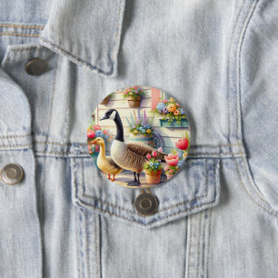Illustration von Gänsen im Cottage-Garten im Frühl Button
