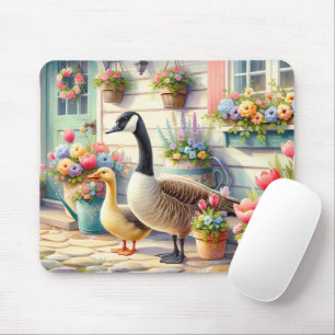 Illustration von Gänsen im Cottage-Garten im Frühl Mousepad