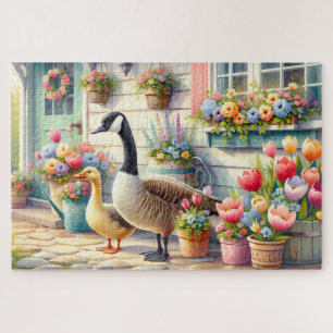 Illustration von Gänsen im Cottage-Garten im Frühl Puzzle