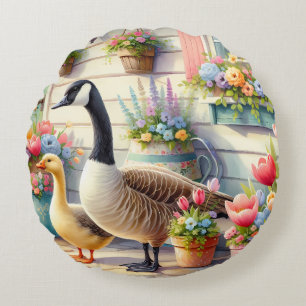 Illustration von Gänsen im Cottage-Garten im Frühl Rundes Kissen