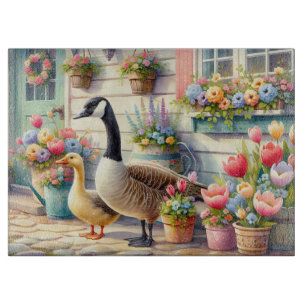 Illustration von Gänsen im Cottage-Garten im Frühl Schneidebrett