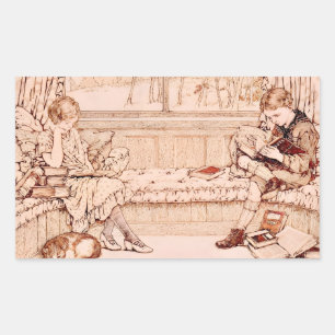 Illustration von Kindern beim Lesen im Vintage-Sti Rechteckiger Aufkleber