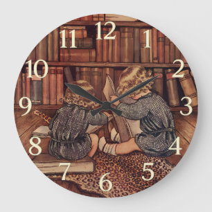 Illustration von Kindern beim Lesen in einer Bibli Große Wanduhr