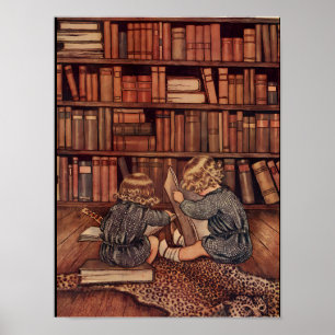Illustration von Kindern beim Lesen in einer Bibli Poster