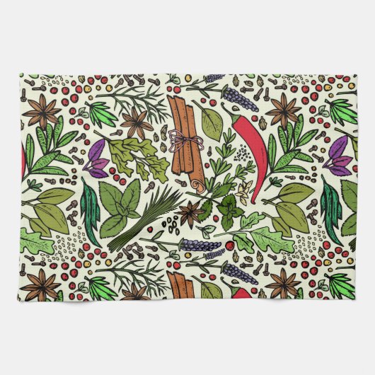Illustration von Kräuter und Gewürzen Geschirrtuch (Horizontal)