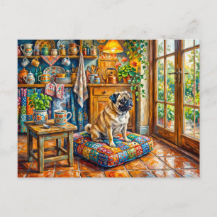 Illustration von Mopsen am Küchenfenster im Cottag Postkarte
