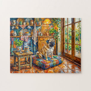 Illustration von Mopsen am Küchenfenster im Cottag Puzzle