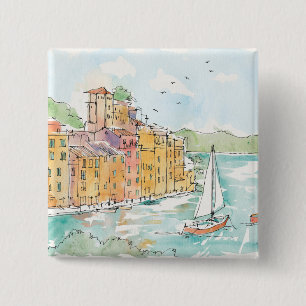 Illustration von Porofino Hafen mit Segelboot Button