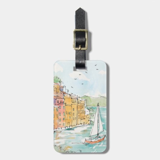 Illustration von Porofino Hafen mit Segelboot Gepäckanhänger (Vorderseite vertikal)