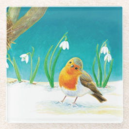 Illustration von Red Robin Bird und Snowdrops Glasuntersetzer