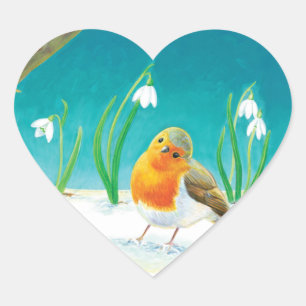 Illustration von Red Robin Bird und Snowdrops Herz-Aufkleber