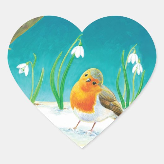 Illustration von Red Robin Bird und Snowdrops Herz-Aufkleber (Vorderseite)