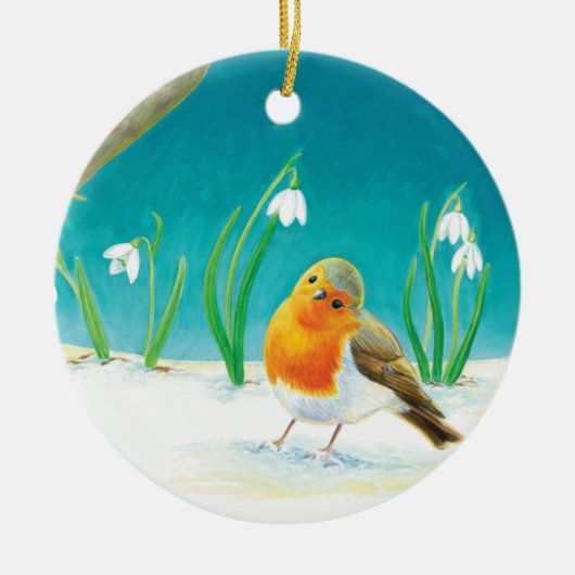 Illustration von Red Robin Bird und Snowdrops Keramik Ornament (Vorne)