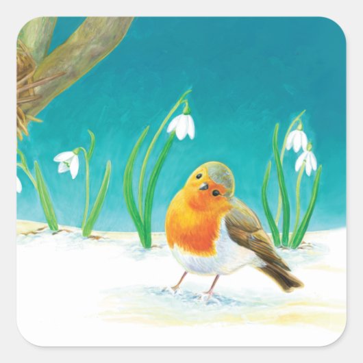 Illustration von Red Robin Bird und Snowdrops Quadratischer Aufkleber (Vorderseite)