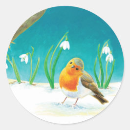 Illustration von Red Robin Bird und Snowdrops Runder Aufkleber