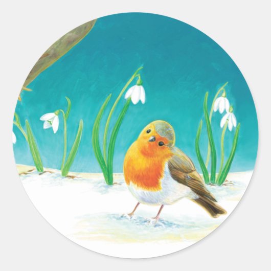 Illustration von Red Robin Bird und Snowdrops Runder Aufkleber (Vorderseite)