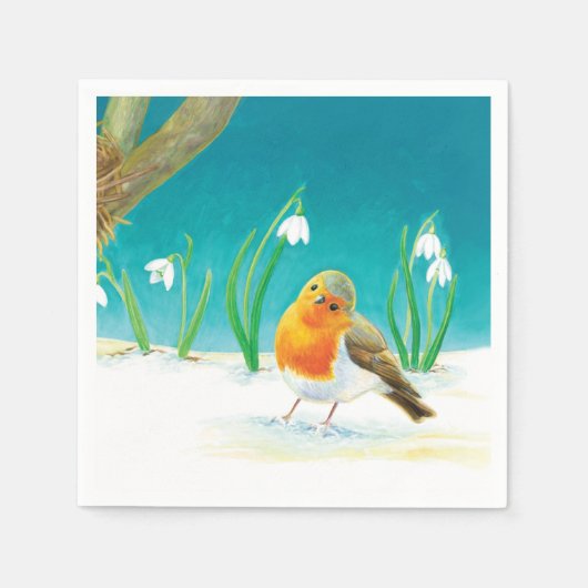 Illustration von Red Robin Bird und Snowdrops Serviette (Vorderseite)