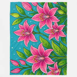 Illustration von rosa Lilienblumen mit grünem Laub Fleecedecke