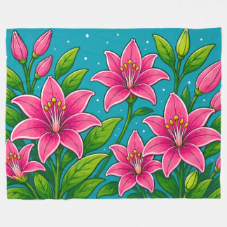 Illustration von rosa Lilienblumen mit grünem Laub Fleecedecke