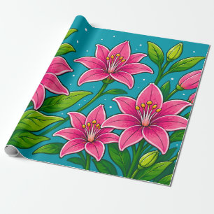 Illustration von rosa Lilienblumen mit grünem Laub Geschenkpapier