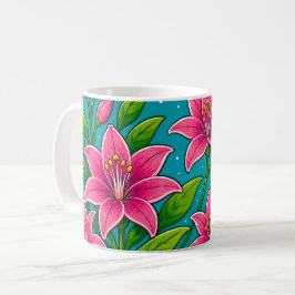 Illustration von rosa Lilienblumen mit grünem Laub Kaffeetasse
