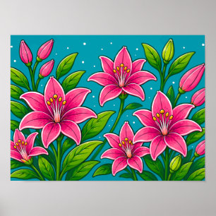 Illustration von rosa Lilienblüten mit grünem Laub Poster