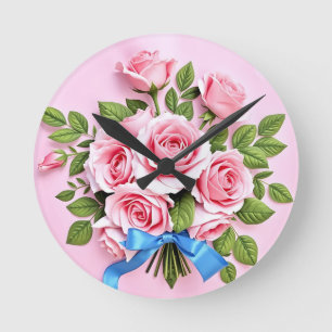 Illustration von rosa Rosenstrauß mit Band Runde Wanduhr