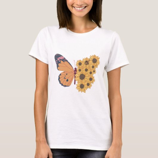 Illustration von Schmetterlingen und Sonnenblumen T-Shirt (Vorderseite)