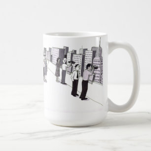 Illustration von sechs Menschen auf dem Dach einer Kaffeetasse
