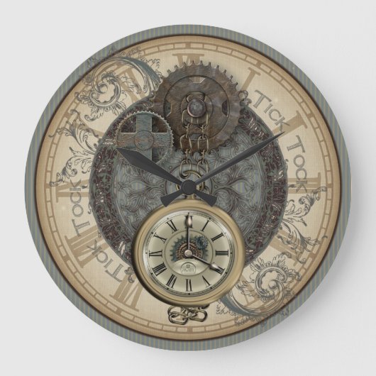 Illustration von Steampunkrusken und Pocket Watch Große Wanduhr (Vorderseite)