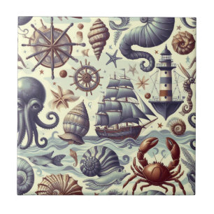Illustration von Vintage-Nautik und Meereslebewese Fliese
