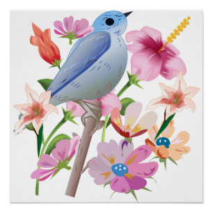 Illustration zu Vögeln und Frühlingsblumen Poster