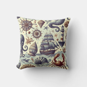 Illustration zur Vintagen nautischen Meereswelt Kissen