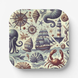 Illustration zur Vintagen nautischen Meereswelt Pappteller