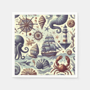 Illustration zur Vintagen nautischen Meereswelt Serviette
