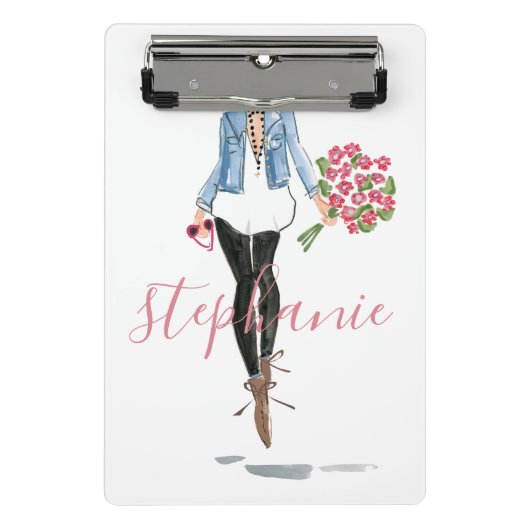 Illustrationsfrau mit Blume Mini Klemmbrett (Vorderseite)