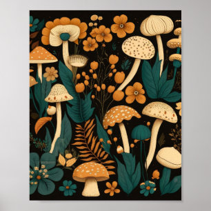 Illustrationsmuster aus Pilzen, Farnen und Blumen Poster
