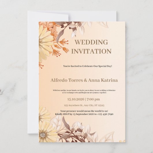 Illustrative Braun- und Orangefarbene Hochzeit Einladung (Vorderseite)