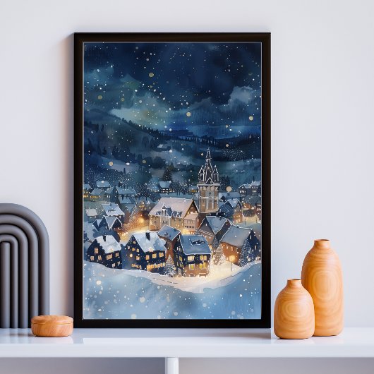 Illustrative des Nachthimmel-Dorfes im Schnee Poster