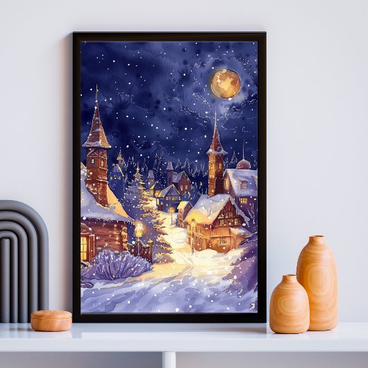 Illustrative des Xmas Village in der Schneenacht Poster